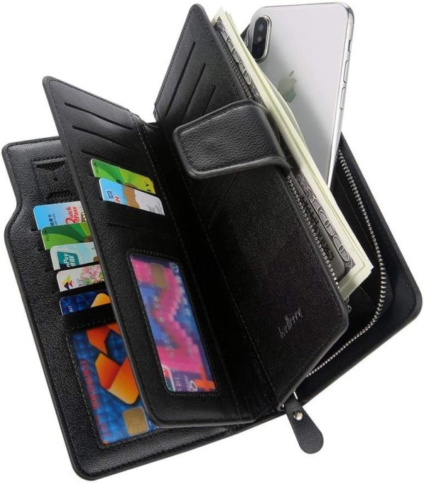 Baellerry Men’s Leather Long Wallet – 23 Card Slots, Large Capacity, Zip-Around Design, Luxury Style (Black)