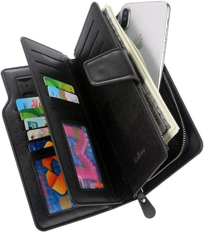 Baellerry Men’s Leather Long Wallet – 23 Card Slots, Large Capacity, Zip-Around Design, Luxury Style (Black)